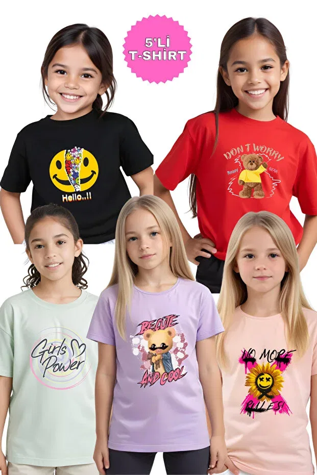 Детский комплект футболок для девочек с принтом Girl'S power-no more-emoji-be cute-don't worry Panios Kids, Lilac Mint Green Light Pink Black Red