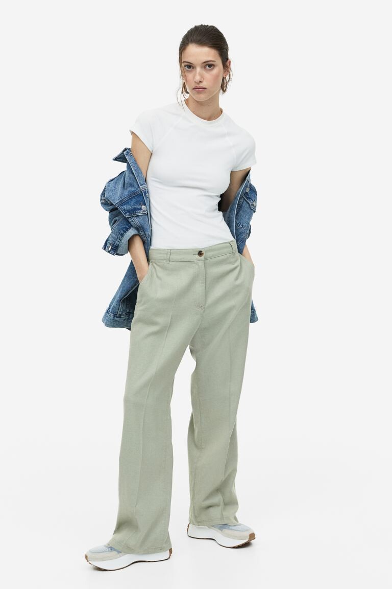 

Брюки из смесового льна из твила H&M, светло-зеленый хаки