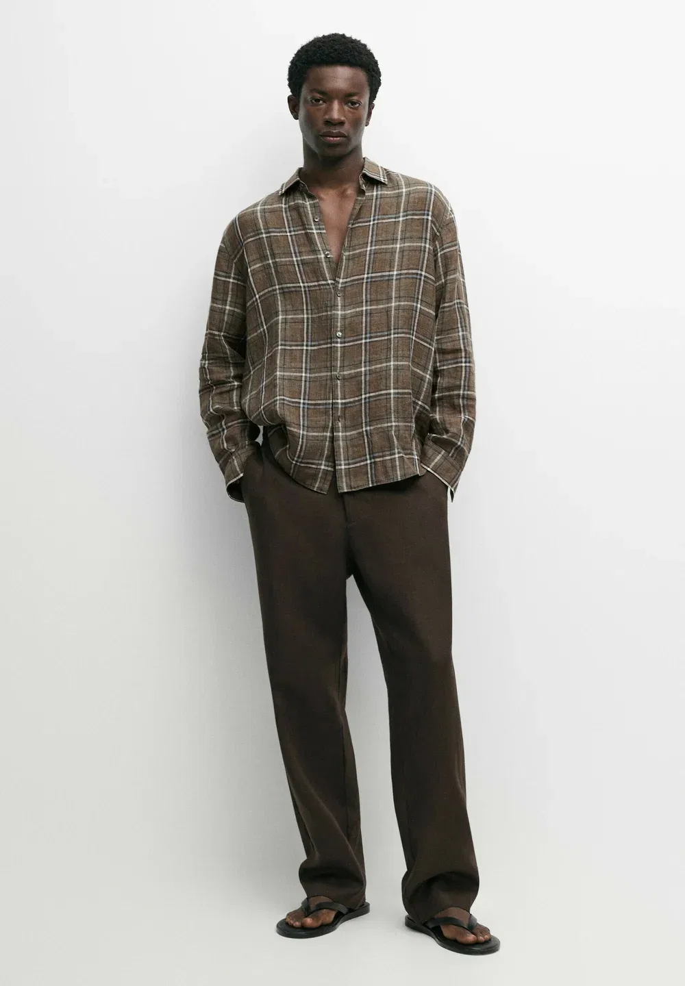 Рубашка в клетку, 100% лен, стандартный крой Massimo Dutti, Mottled Dark Green — фото 2