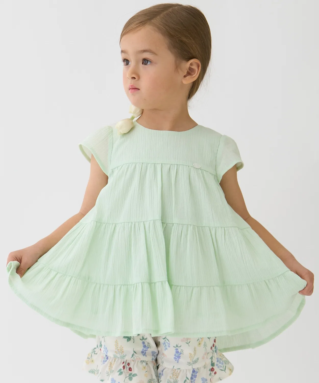 Детская туника из хлопка с воланами, с коротким рукавом, модель Smile, petit main, Yellow-Green