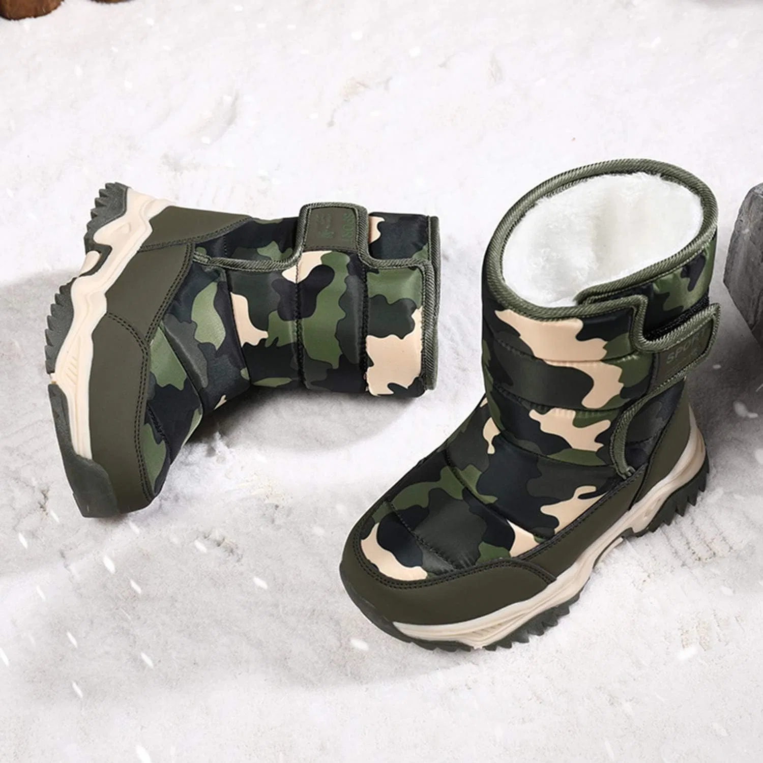 Детские зимние сапоги для мальчиков и девочек с мехом YUKTOPA, Green-Camo — фото 3