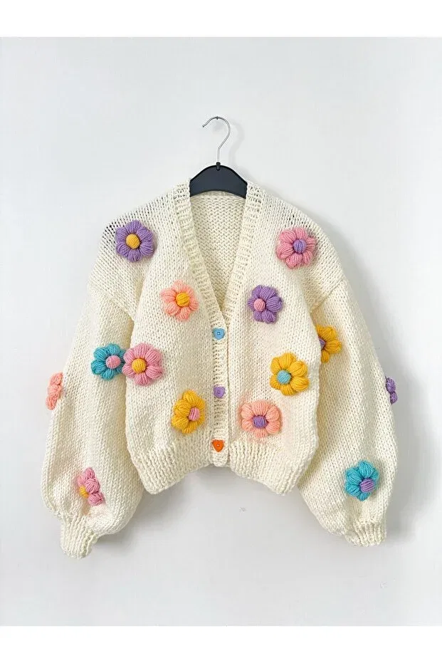 Детский кардиган с цветочным принтом Hand knitted mother and girl combined flowery Emakrome, Cream — фото 2