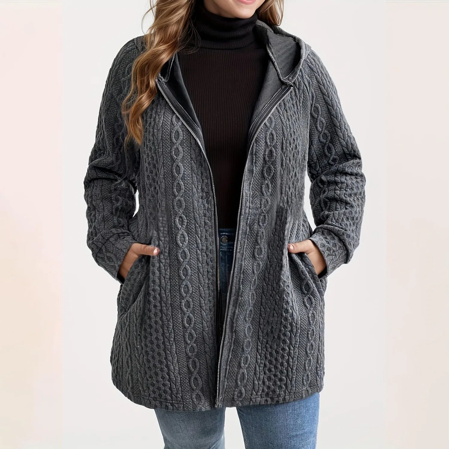 Женское пальто оверсайз с вязаным узором Winter Jackets Women UK, Grigio 2 — фото 2