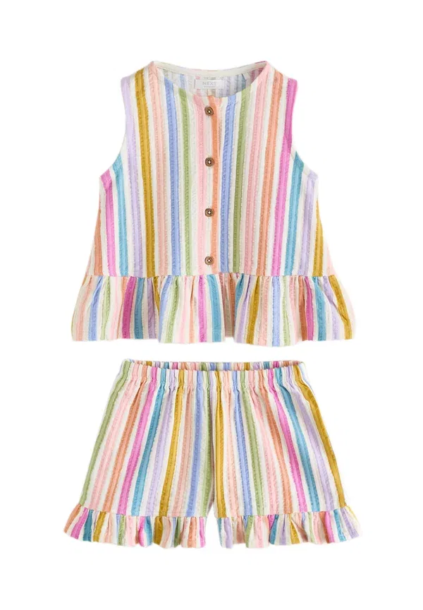Комплект блуза и брюки с полоской, Regular fit - peplum set - blouse, Next, Розовый, Синий, Радуга, Полоска — фото 4