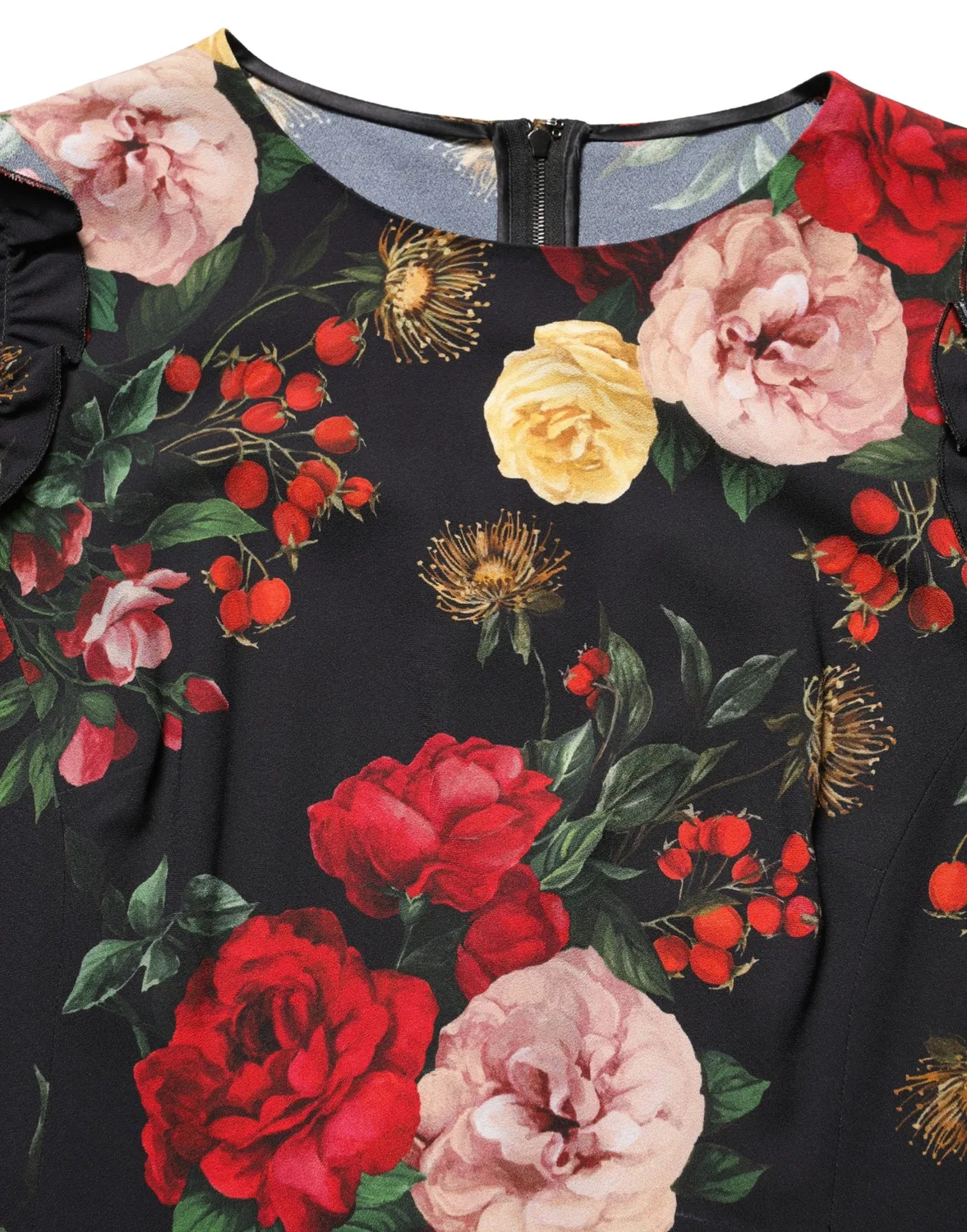 Женская блузка с коротким рукавом с цветочным принтом Black Floral Crepe Frill Detail Dolce & Gabbana, Black