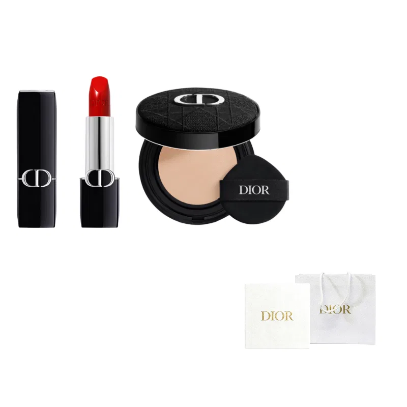 Женский набор косметики с помадой и тональным кремом DIOR, Satin Lipstick 999+Soft and Radiant Cushion 1N, DIOR, Bold Blue Gold