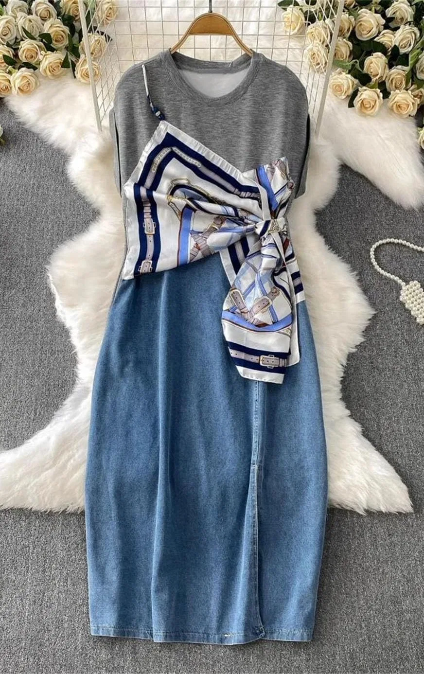 Женское джинсовое платье с заплатками Vintage, Blue — фото 4