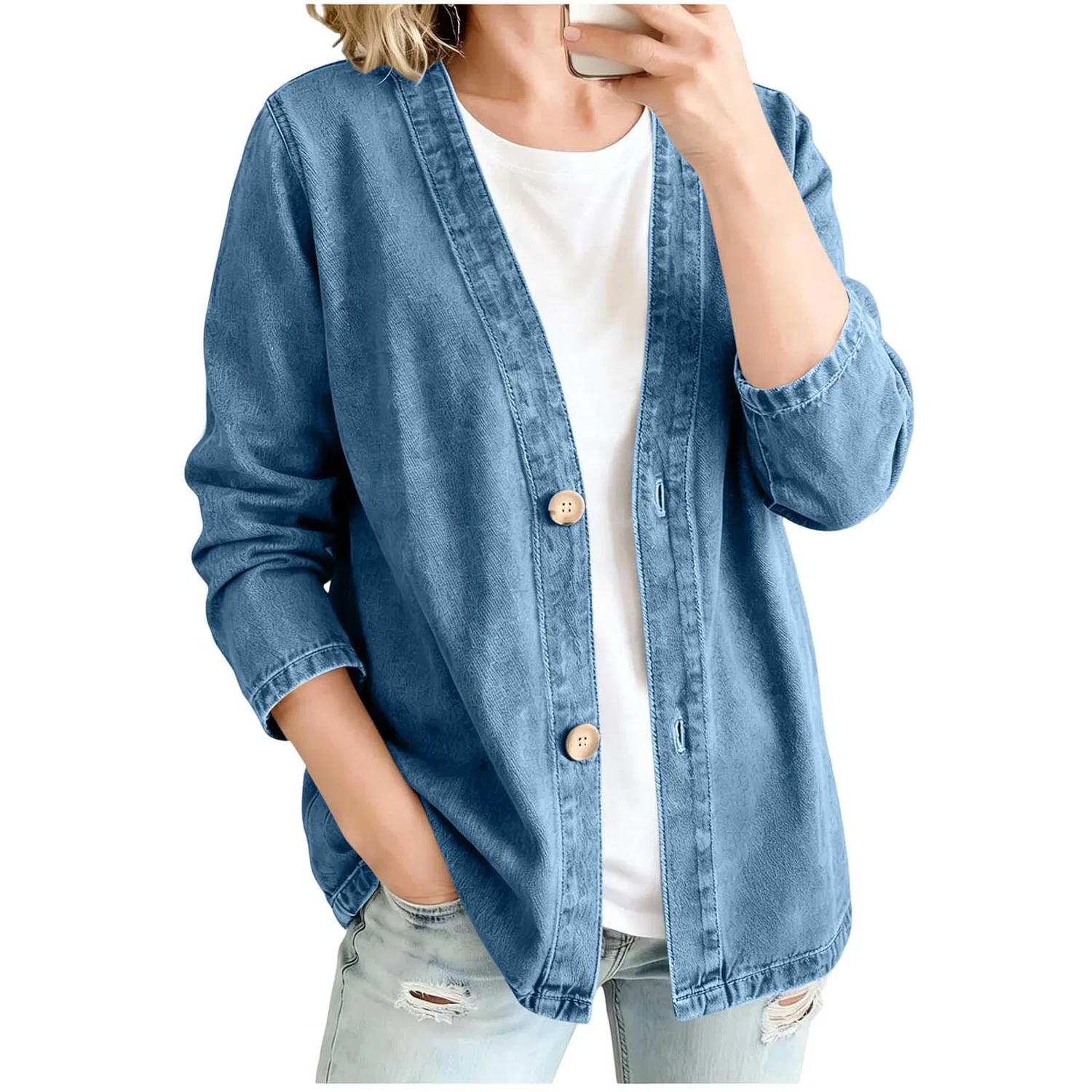 Женская джинсовая куртка с длинным рукавом, модель boyfriend, на пуговицах, vintage, Blu 1