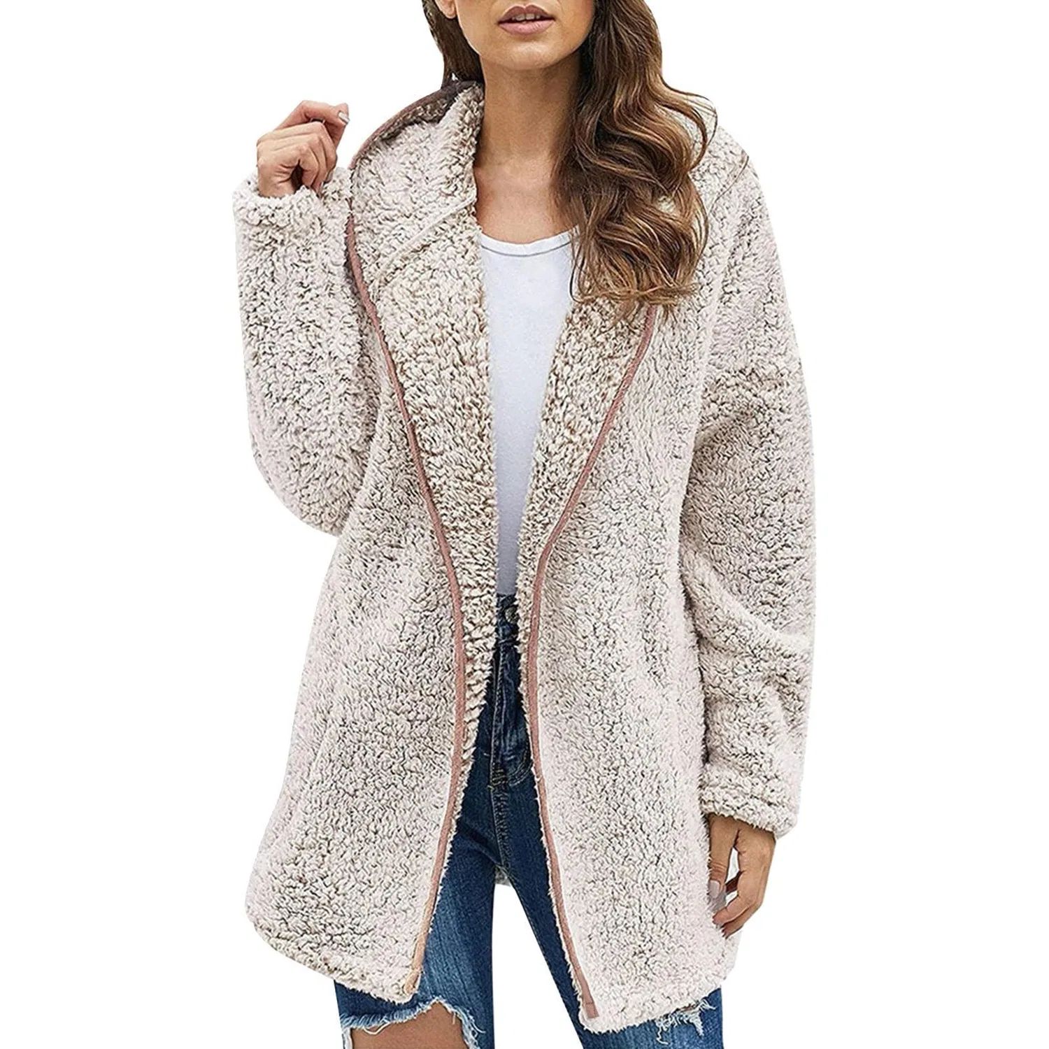 Женское дождевик с капюшоном из искусственной шерсти, Beige