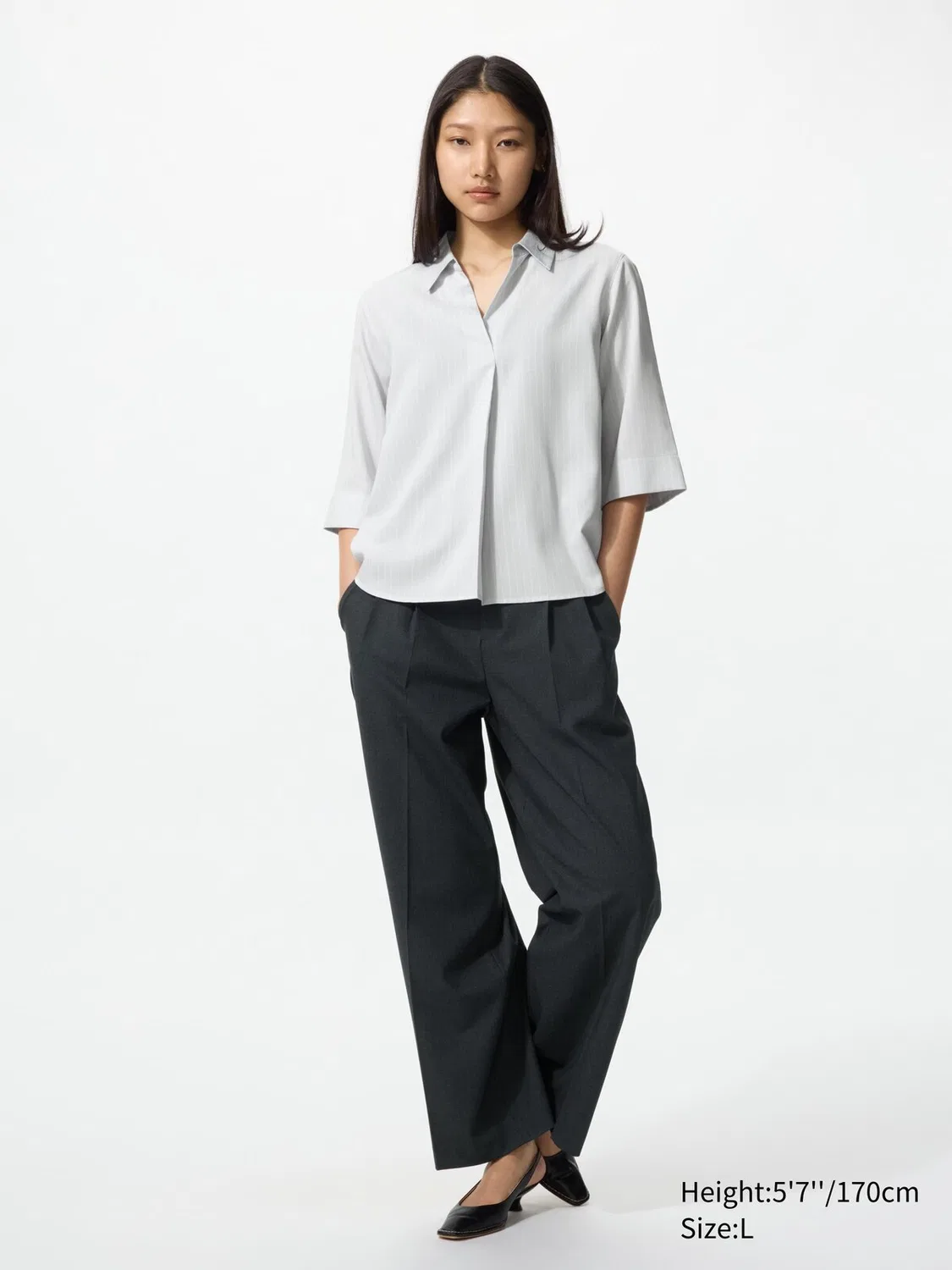Блузка Uniqlo, со стойким воротником и рукавом ¾, в полоску, светло-серая — фото 2