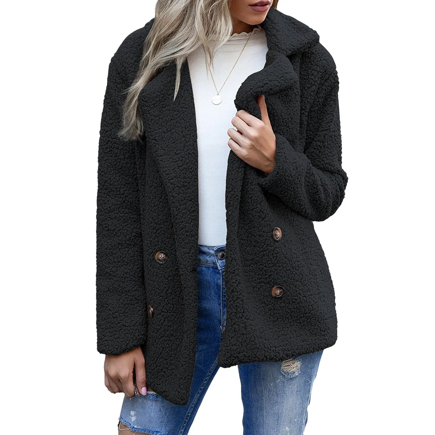 Женское длинное пальто из искусственного меха с принтом, модель Oversized Warm Jacket, Nero