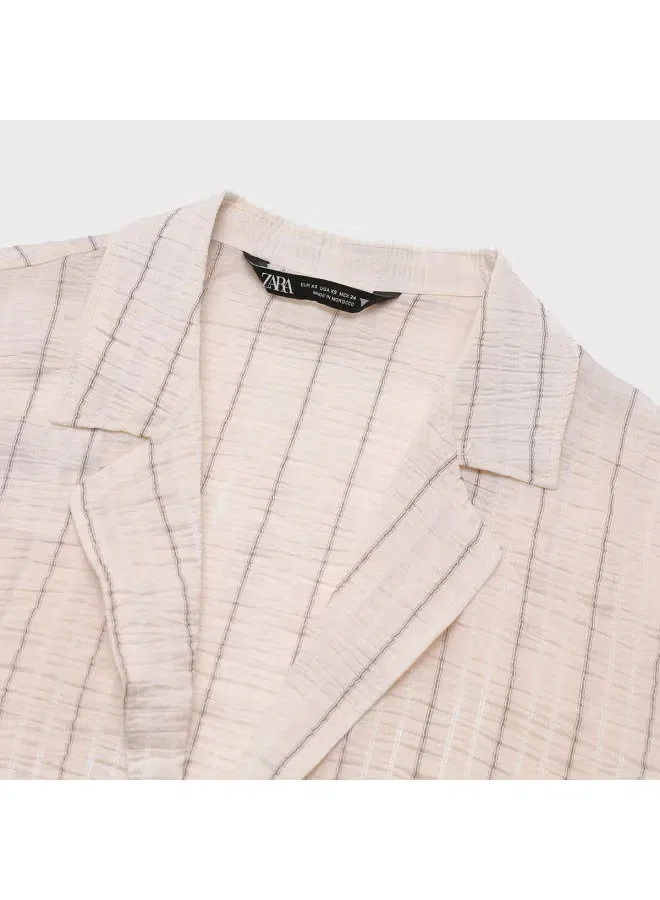 Рубашка с коротким рукавом в полоску Zara, светло-хаки — фото 4