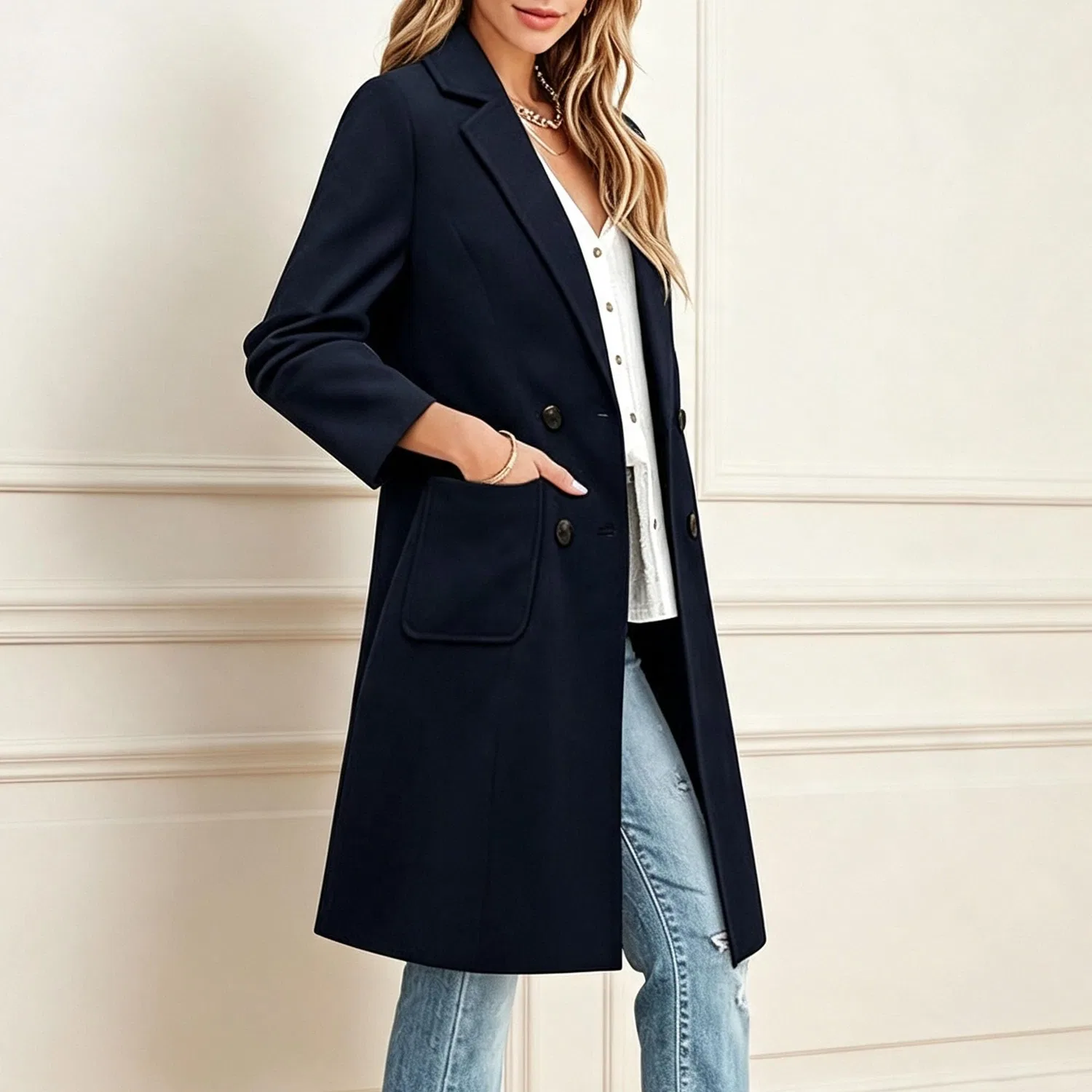 Женское двубортное пальто slim fit с длинным рукавом, Blu navy — фото 2