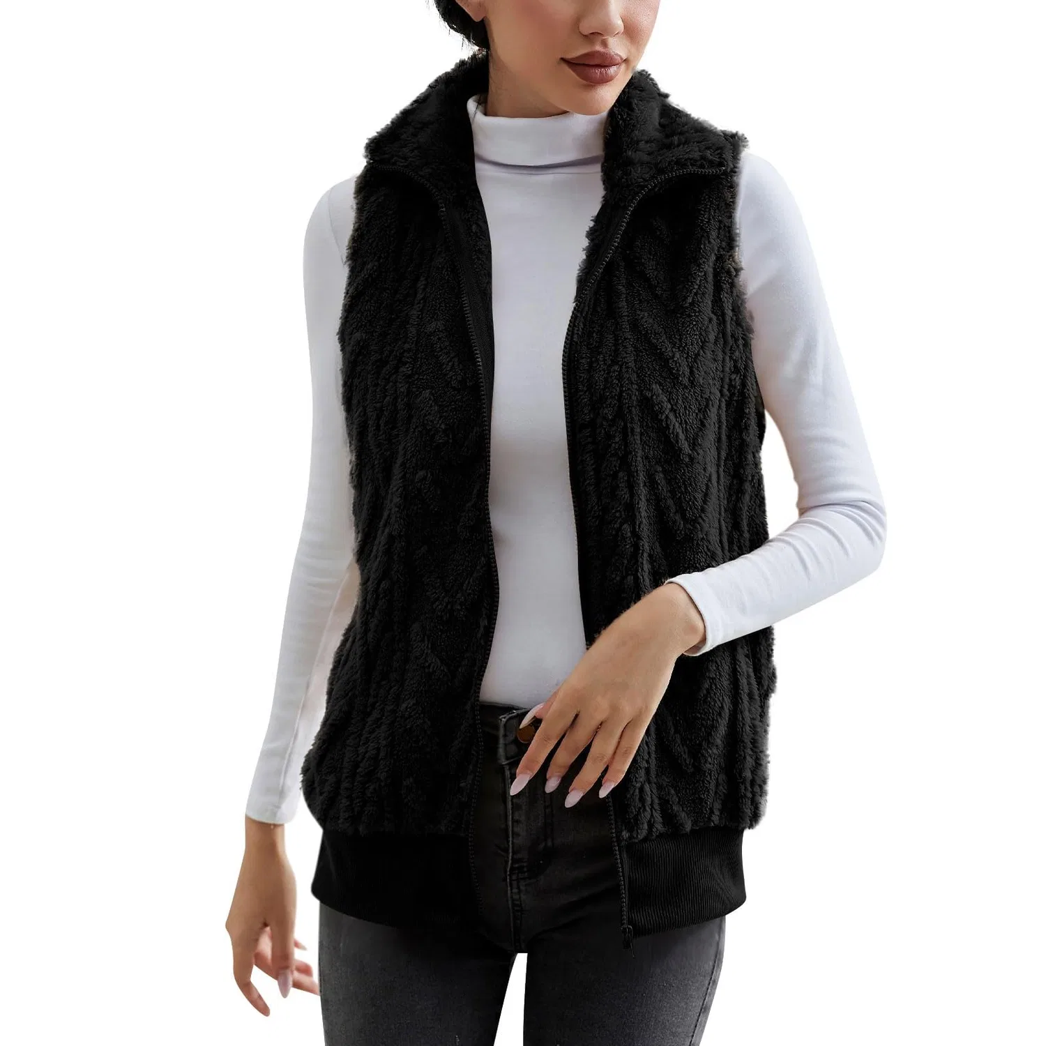 Женский утепленный жилет с воротником-стойкой и молнией, флисовый, однотонный, Nero