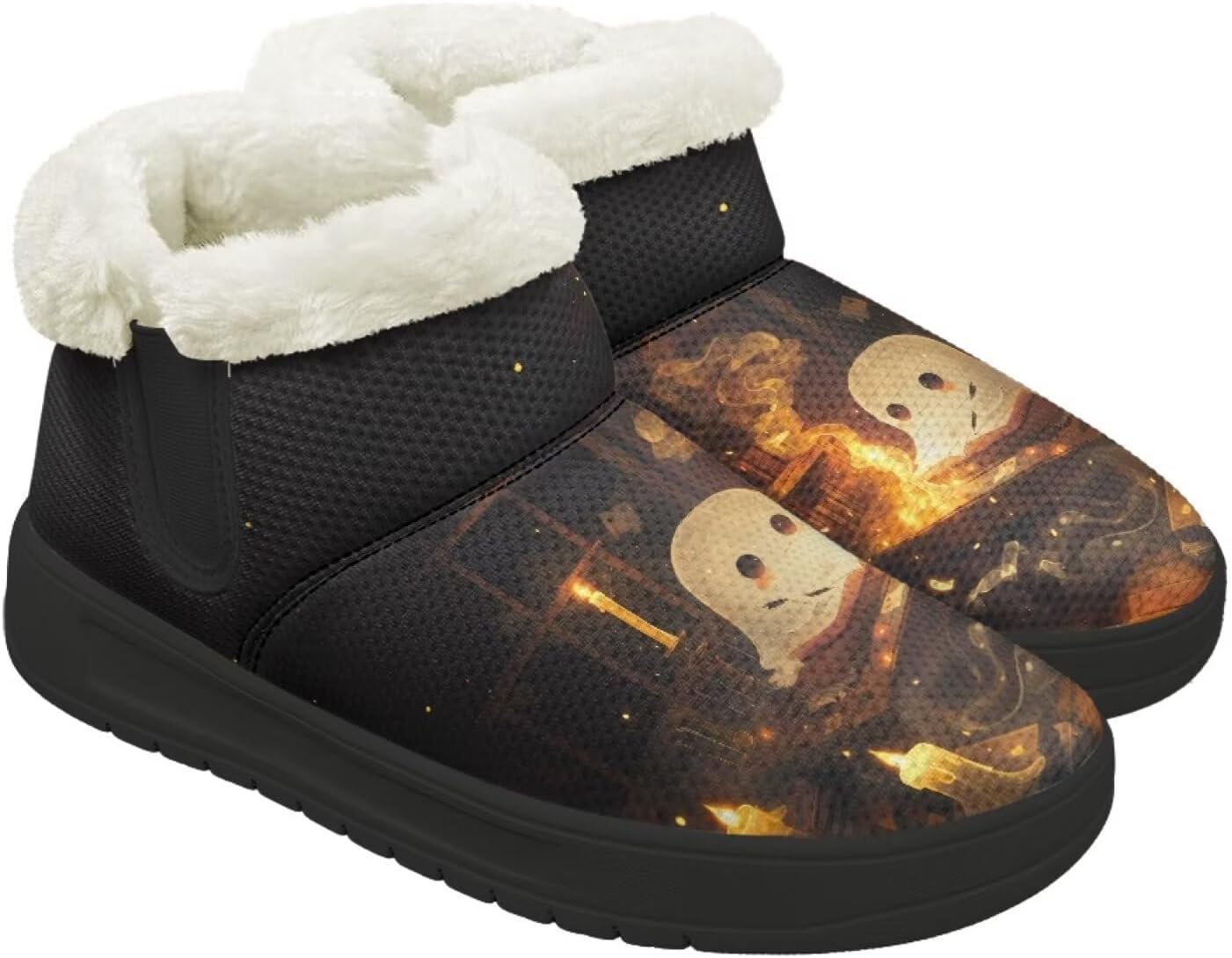 

Женские и мужские зимние ботинки Forchrinse на Хэллоуин с меховой подкладкой, модные теплые ботильоны, Halloween Ghost Print