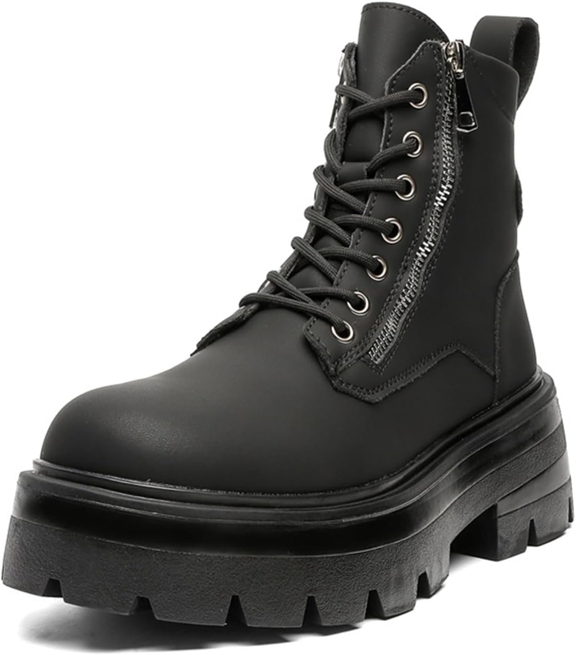 

Мужские ботинки-чукка на шнуровке с двойными боковыми молниями, мотоциклетные кожаные ботинки на подошве с протектором, удобные с круглыми носками, ботинки на щиколотку, боевые ботинки для мужчин Generic, черный