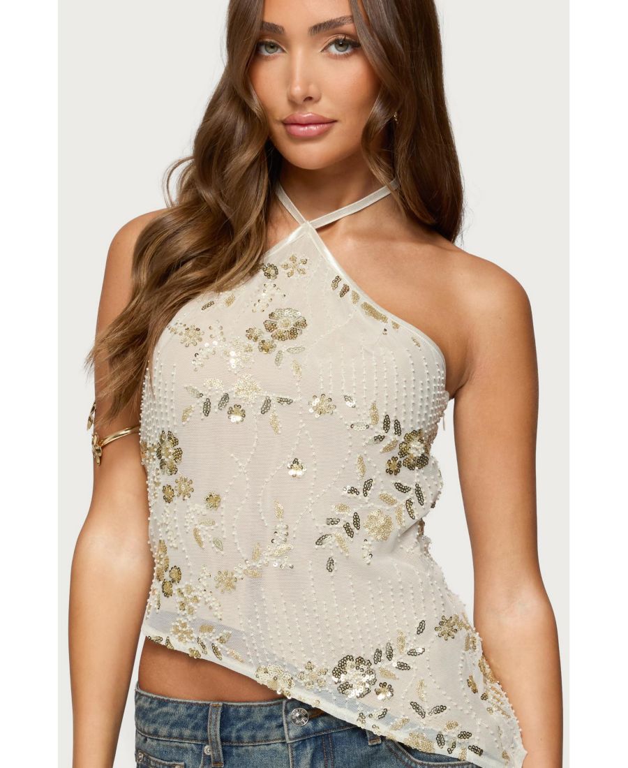 

Женский асимметричный топ с бисером и пайетками Edikted, Beige