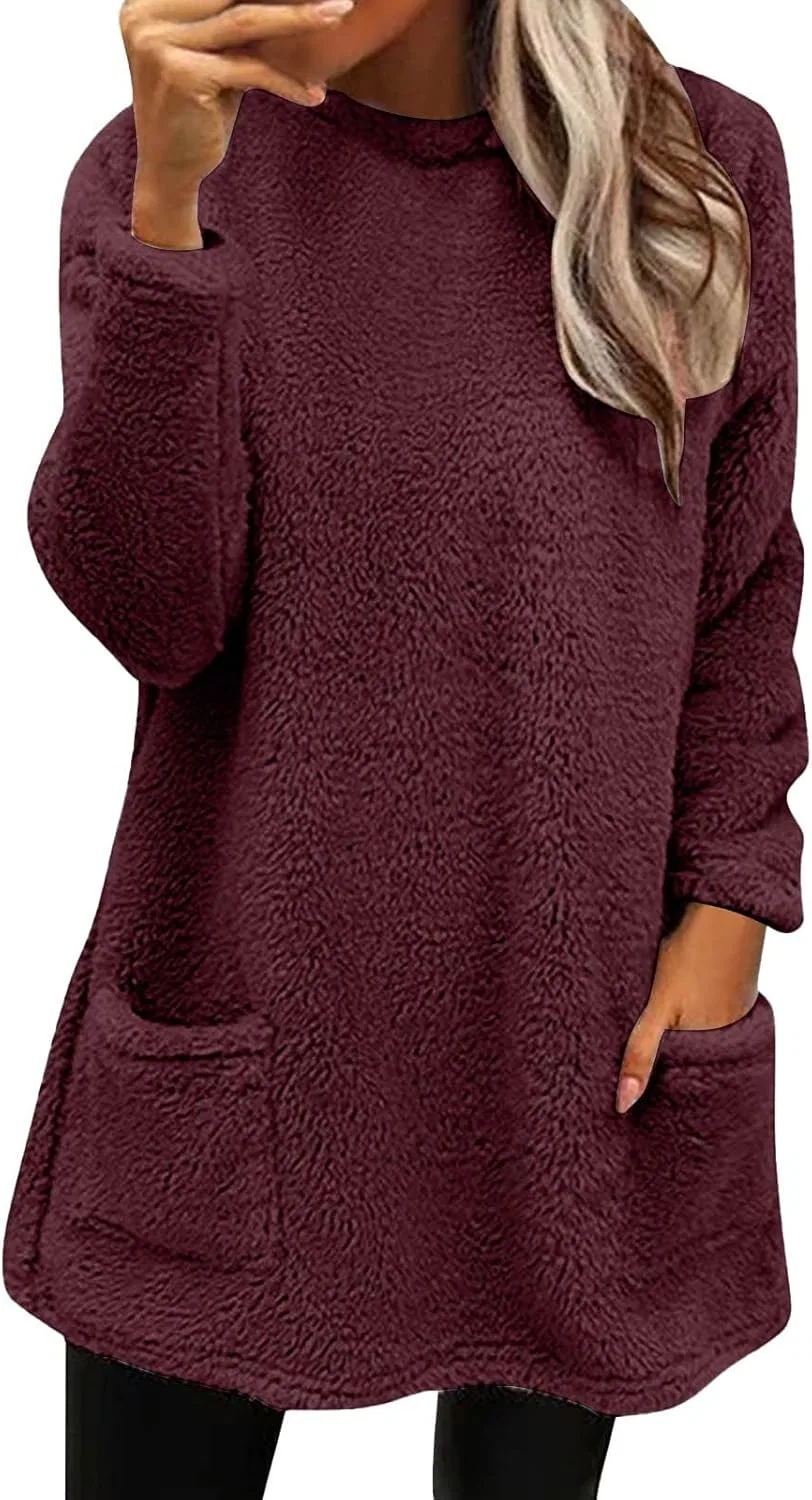 Generic Осенние свитера для женщин 2024: длинный пушистый флисовый пуловер, модная повседневная толстовка с круглым вырезом, пушистое пальто с карманами, 04-Wine