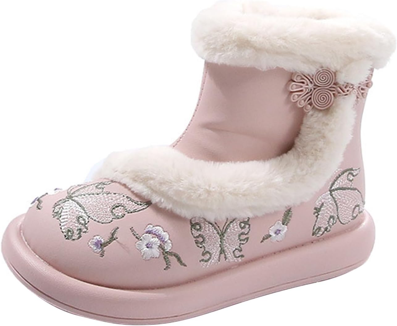 

Детские ботинки с вышивкой, с меховой подкладкой, на щиколотку, в китайском стиле, с низким каблуком, противоскользящие, зимние для улицы, теплые Generic, Pink