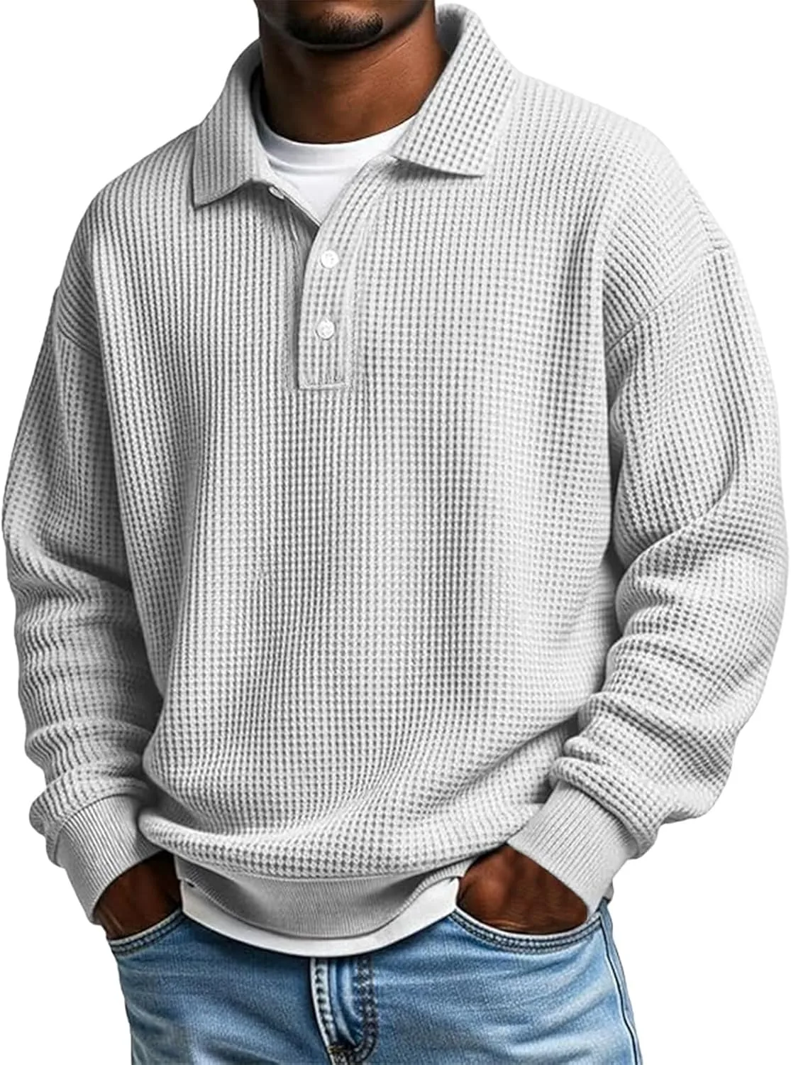 

CRNTCEM Waffle Polo футболка для мужчин, длинный рукав, кнопки