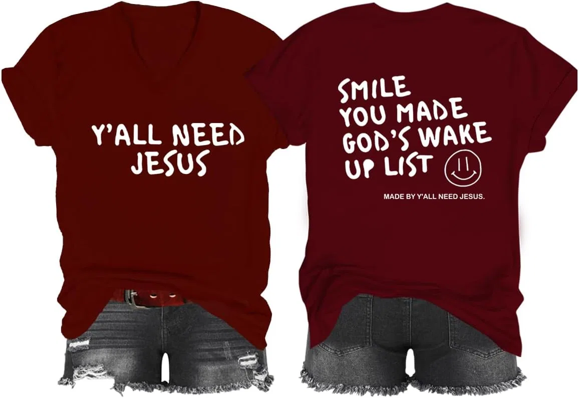 Футболка с принтом Smile You Made God's Wake Up List V-Neck, Claret