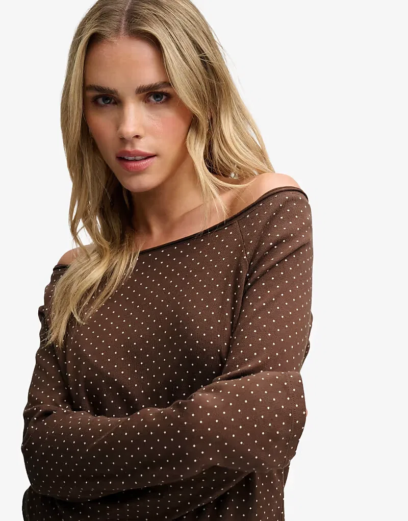 Топ Superdry Bardot с открытыми плечами в каштаново-коричневый горошек — фото 3