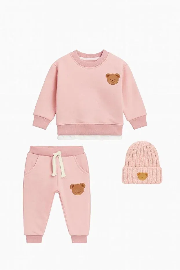 Детский комплект из футера с вышивкой Teddy pink Şapkakids, Pink — фото 2
