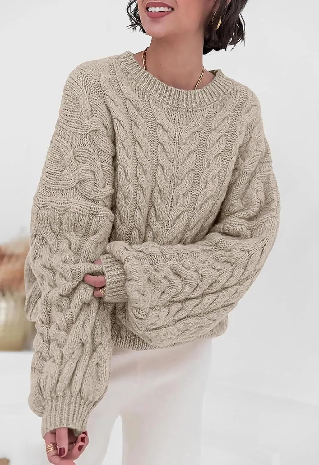 Женский свитер с косами Oversized, длинный рукав, круглый вырез — фото 2