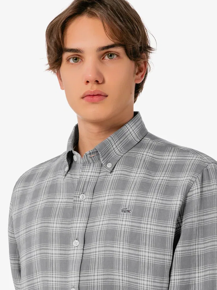 Мужская рубашка с длинным рукавом, большой клеткой LACOSTE, Grey — фото 2