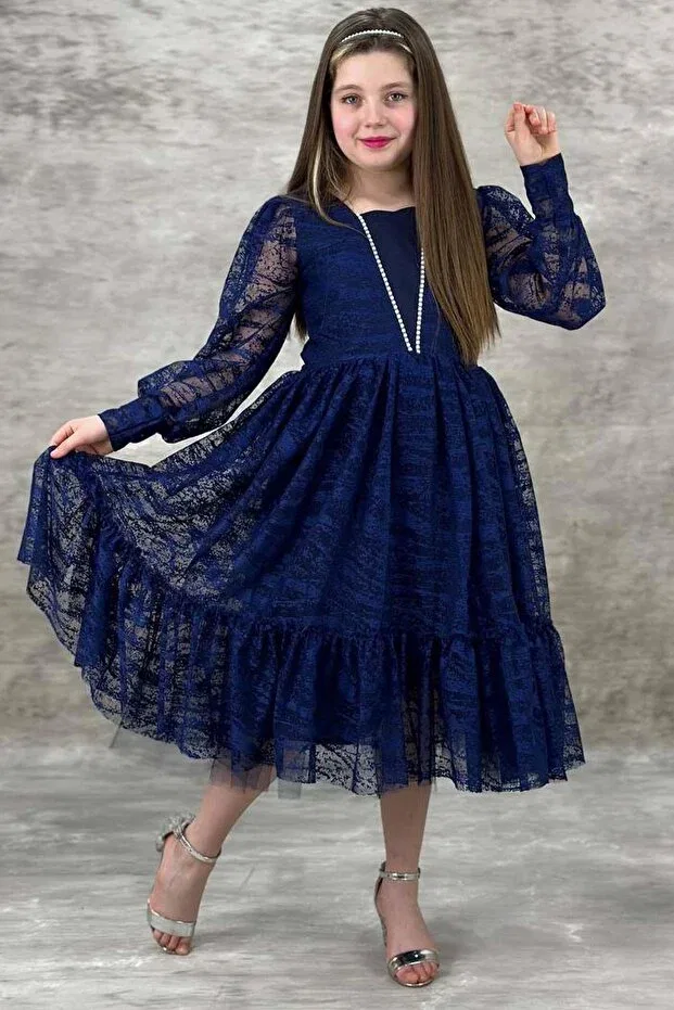 Детское платье для девочек кружевное Riccotarz, Navy Blue — фото 3