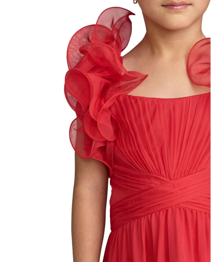 Платье-макси из шифона с воланами на плечах Mac Duggal, Red — фото 3