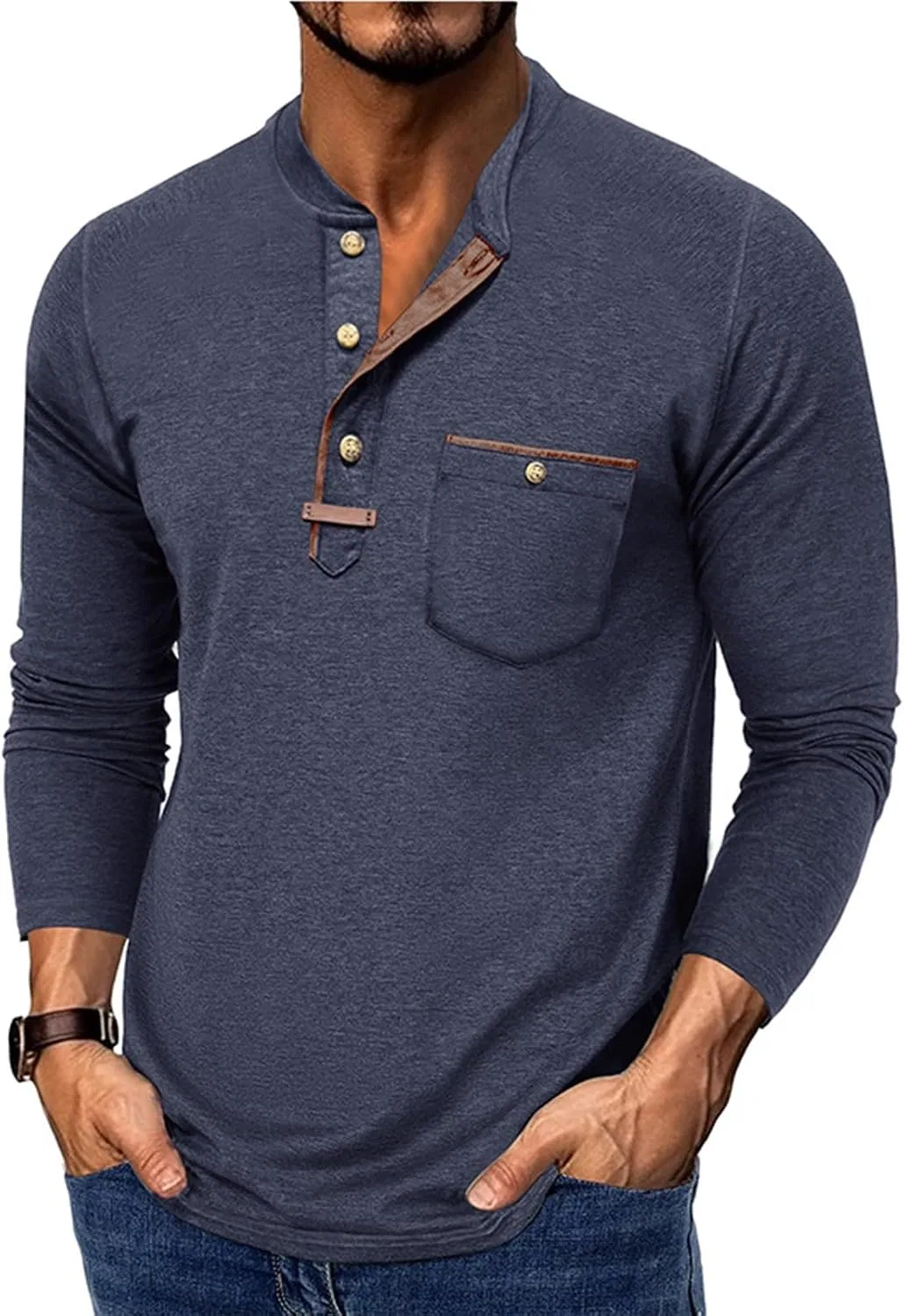 Мужская повседневная футболка с длинным рукавом Henley, Dark Blue — фото 2