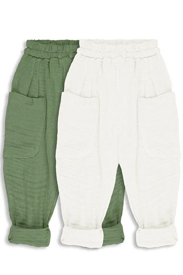 Детский комплект брюк для девочек из муслина Catz Kids, Khaki & Ecru