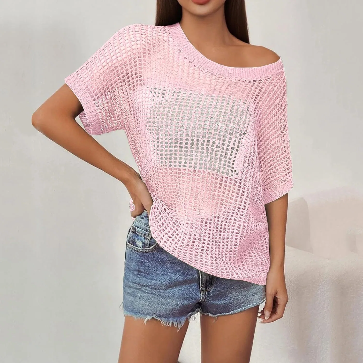 Женская вязаная ажурная футболка с открытыми плечами, Pink — фото 4