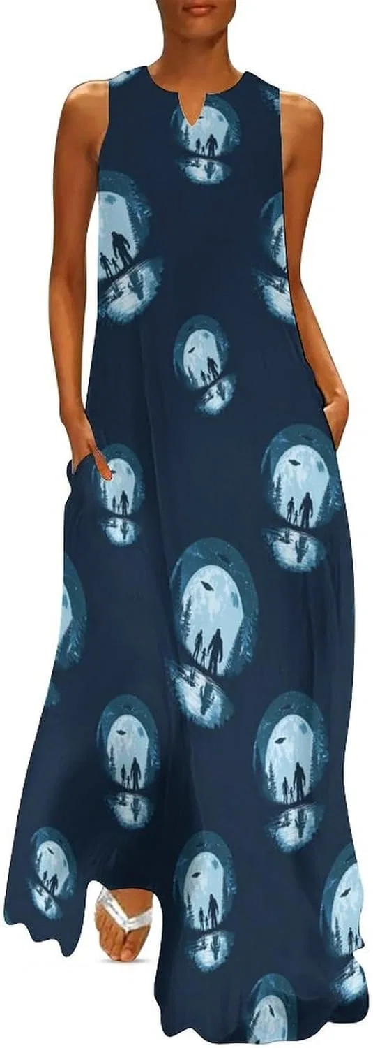 Женское повседневное платье-макси без рукавов Bigfoot Aliens Moon, Style-27