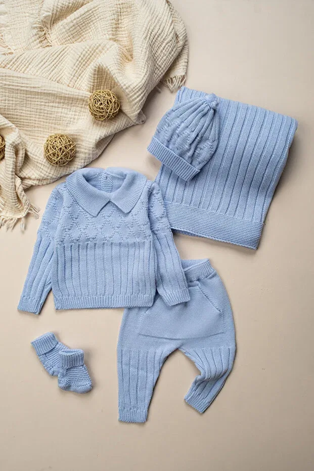 Детский комплект одежды для новорожденных трикотажный Newborn gift 5-piece knitwear set Mielco, Blue
