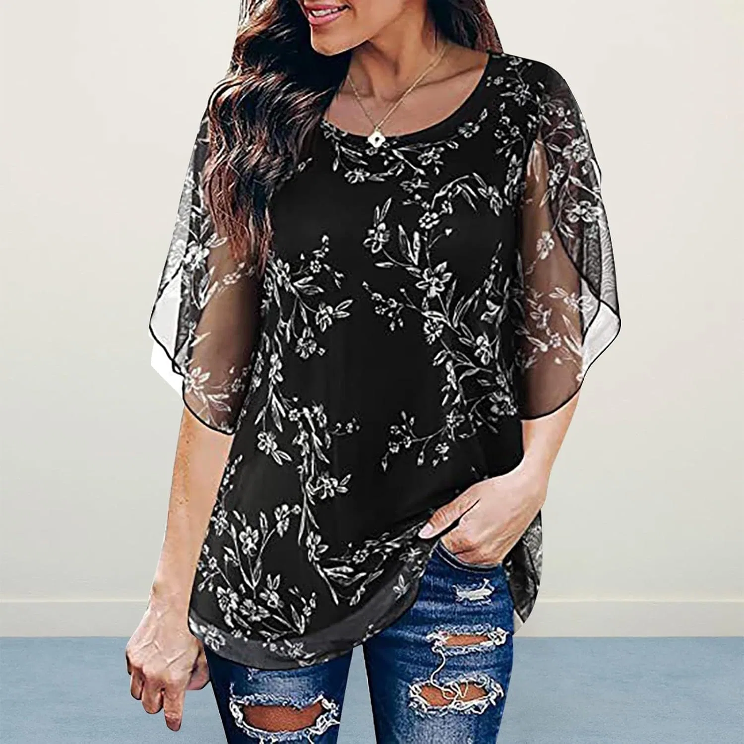 Блуза с цветочным принтом Off-shoulder, черный — фото 2