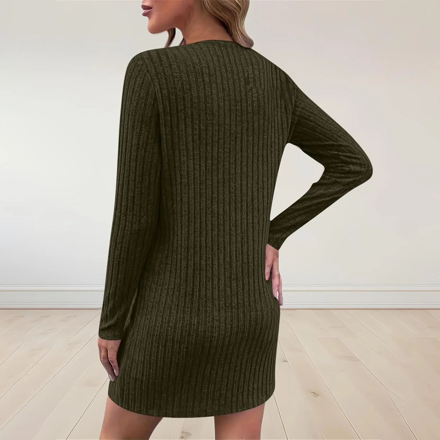 Женское платье-свитер с четверть-застежкой Long Sleeve Dress, Army Green — фото 3