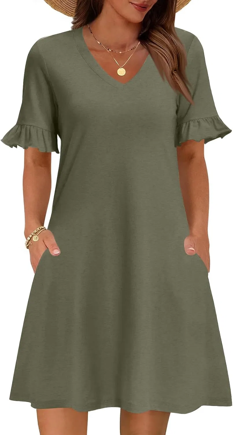 Платье повседневное A-силуэта с V-вырезом, Solid, Army Green — фото 2