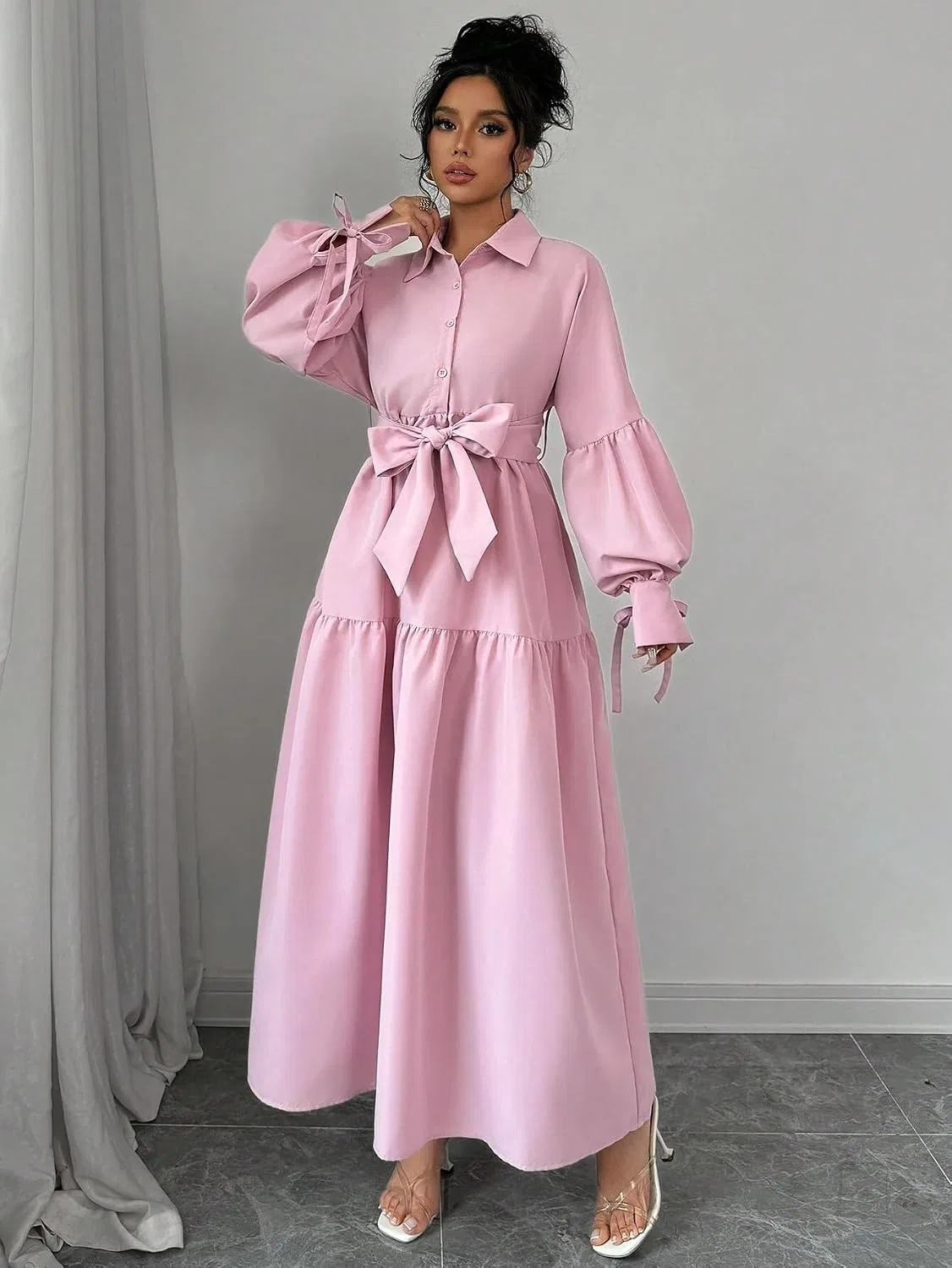 Женское повседневное платье-рубашка с поясом, Pink — фото 4