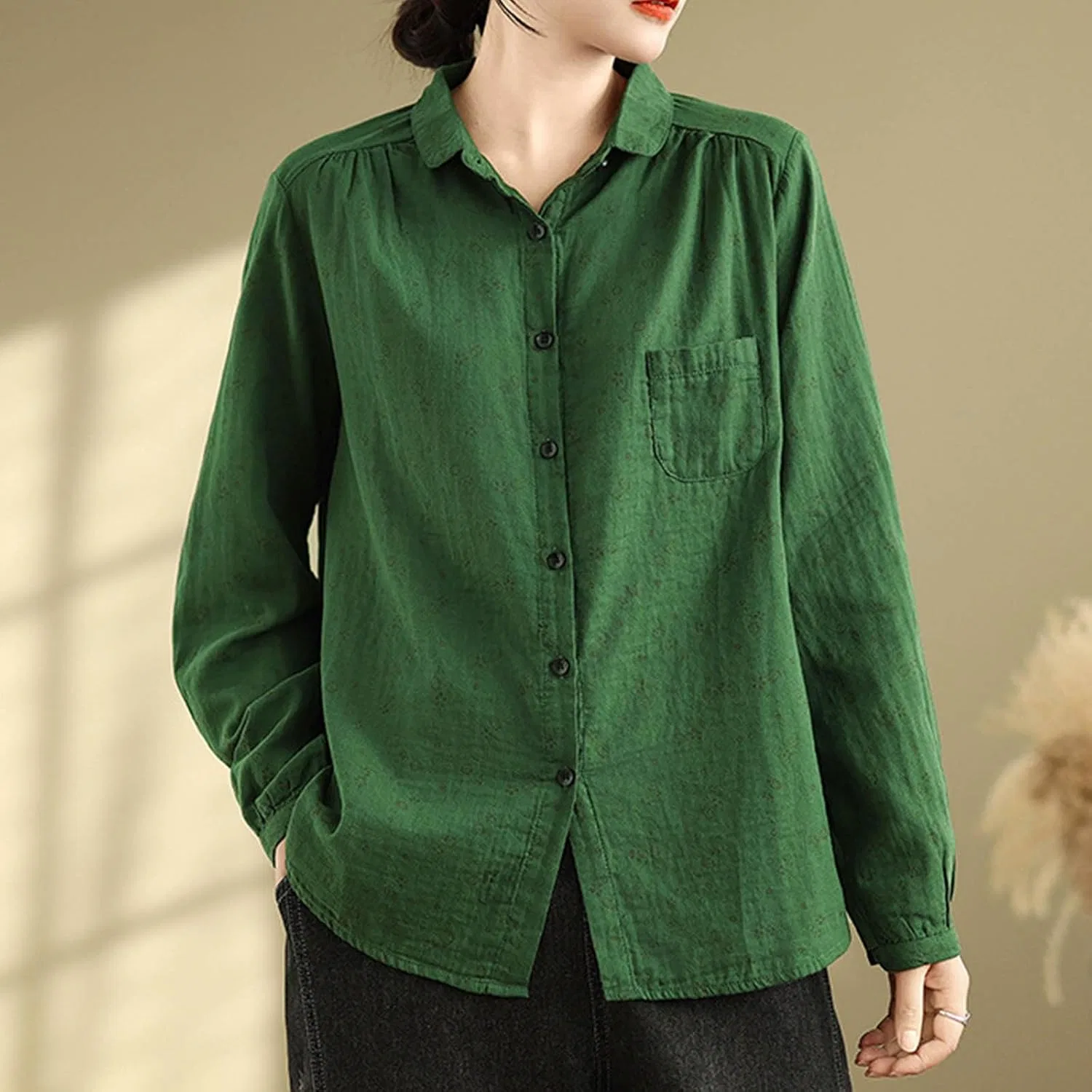 Женская блуза с воротником и нагрудным карманом, Long Sleeve Tunic Top, Green — фото 4