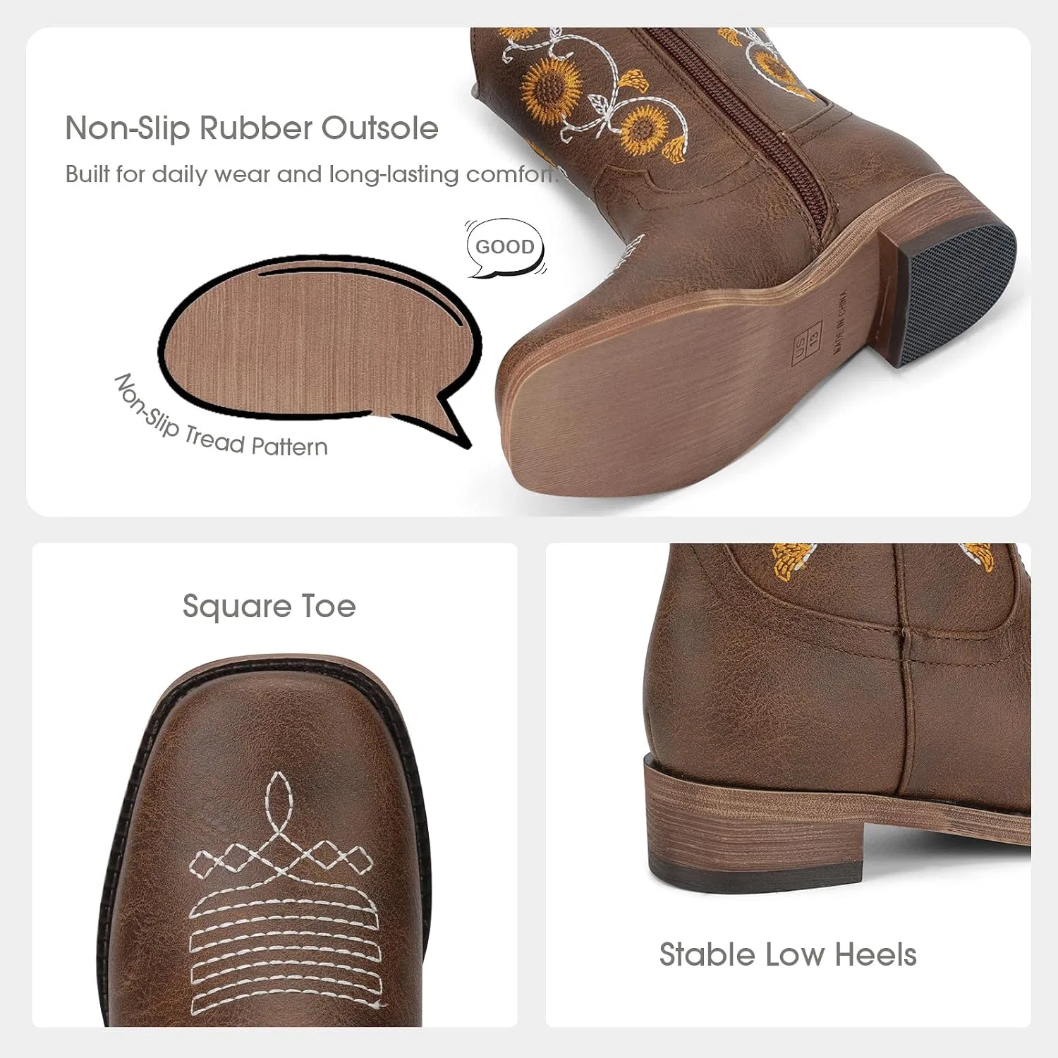 Детские сапоги для девочек с цветочной вышивкой Western Cowgirl Boots Bybmorto, Dark Brown — фото 4