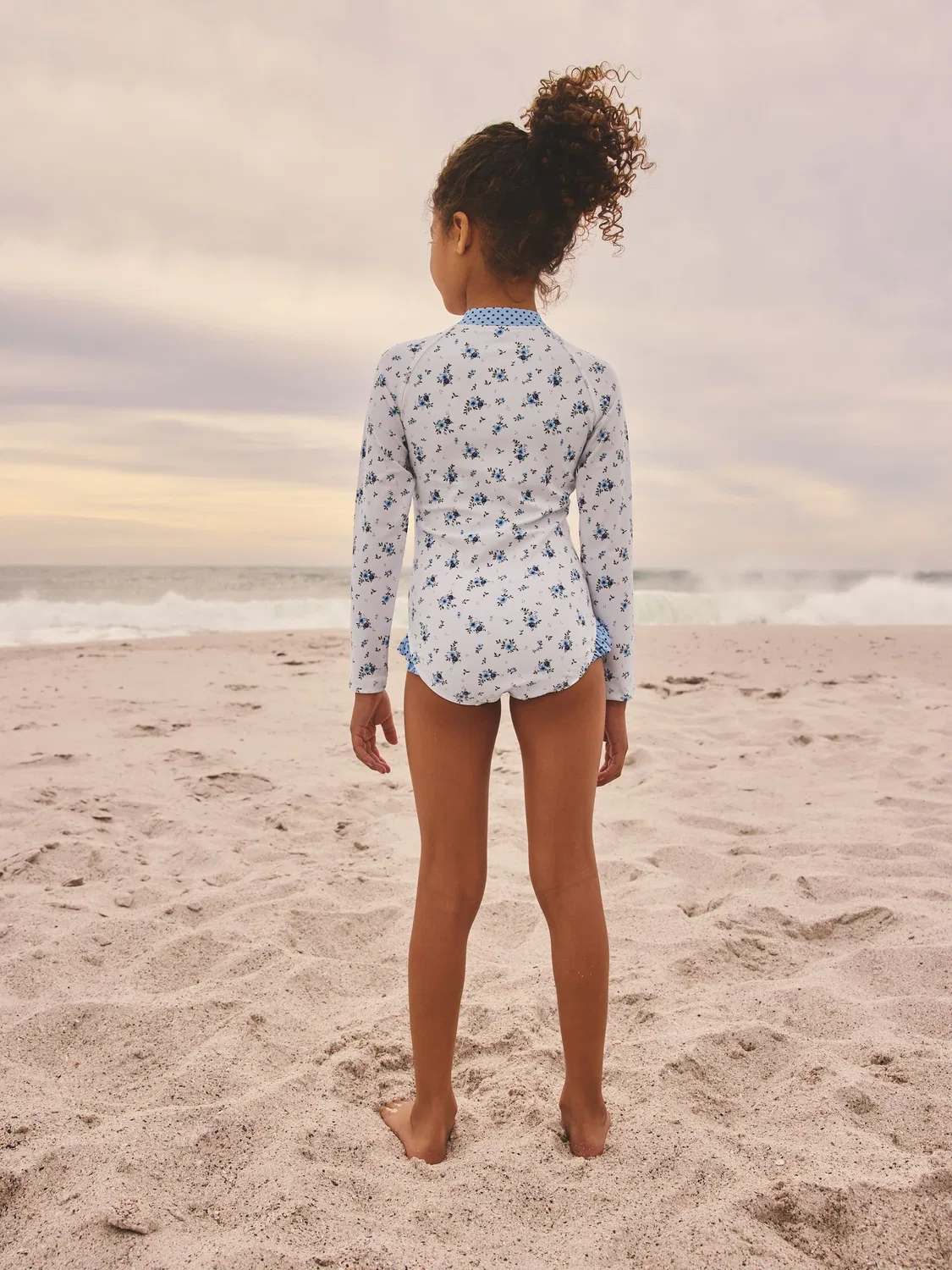 Купальник слитный с длинным рукавом, солнцезащитный Next, Blue/White Floral Polka Dot — фото 3