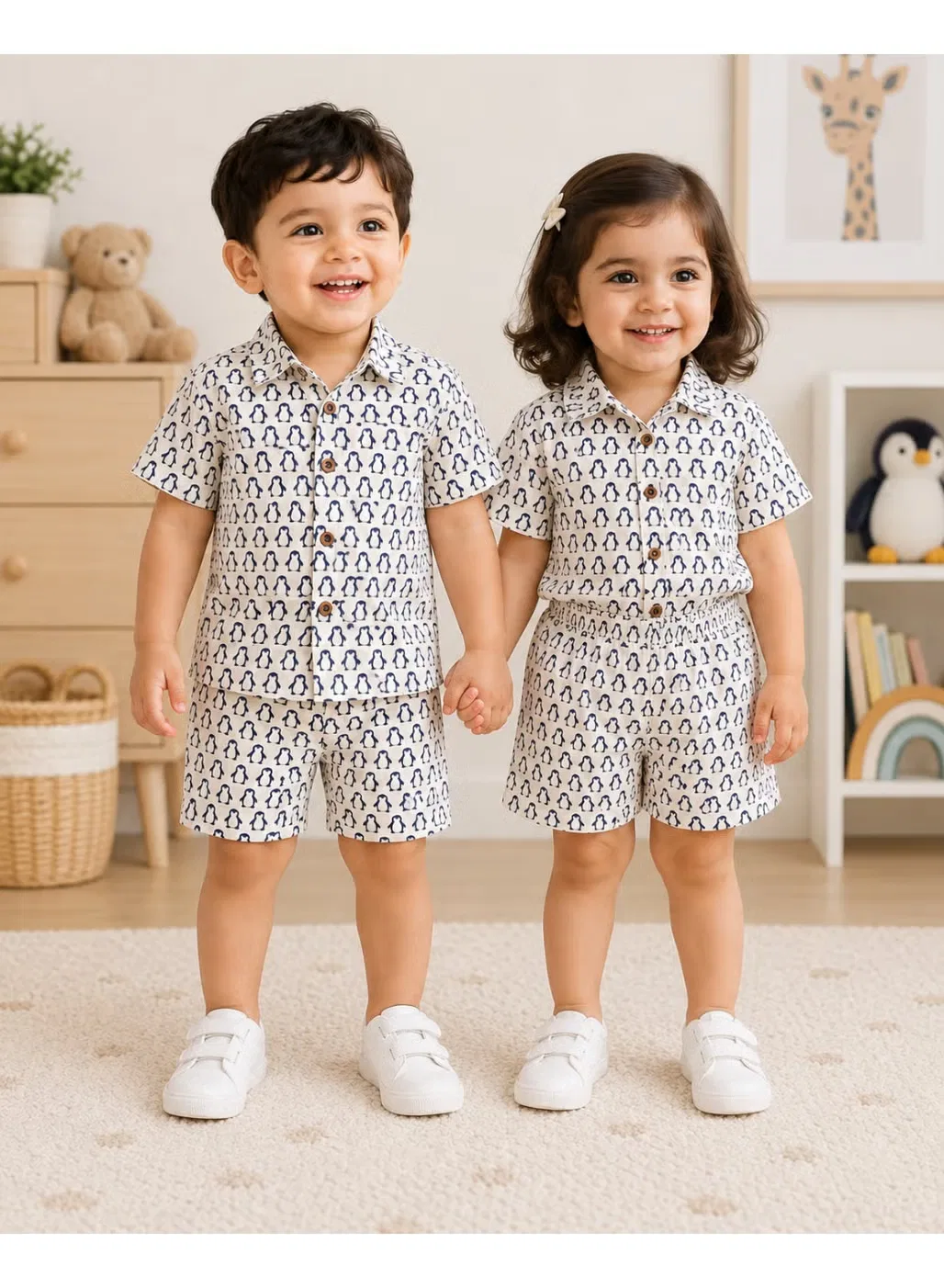 Комплект рубашка и шорты с принтом пингвинов Little Penguin Parade Matching Family Outfits, темно-синий
