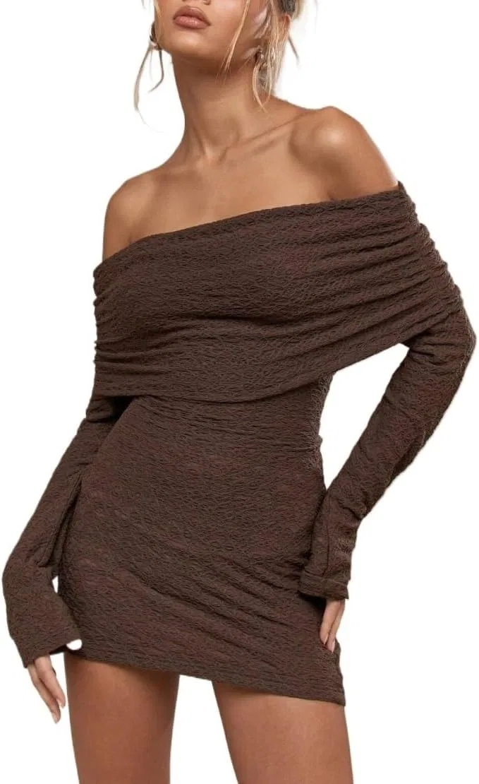 Женское мини-платье с длинным рукавом офф-шолдер Bodycon, Brown