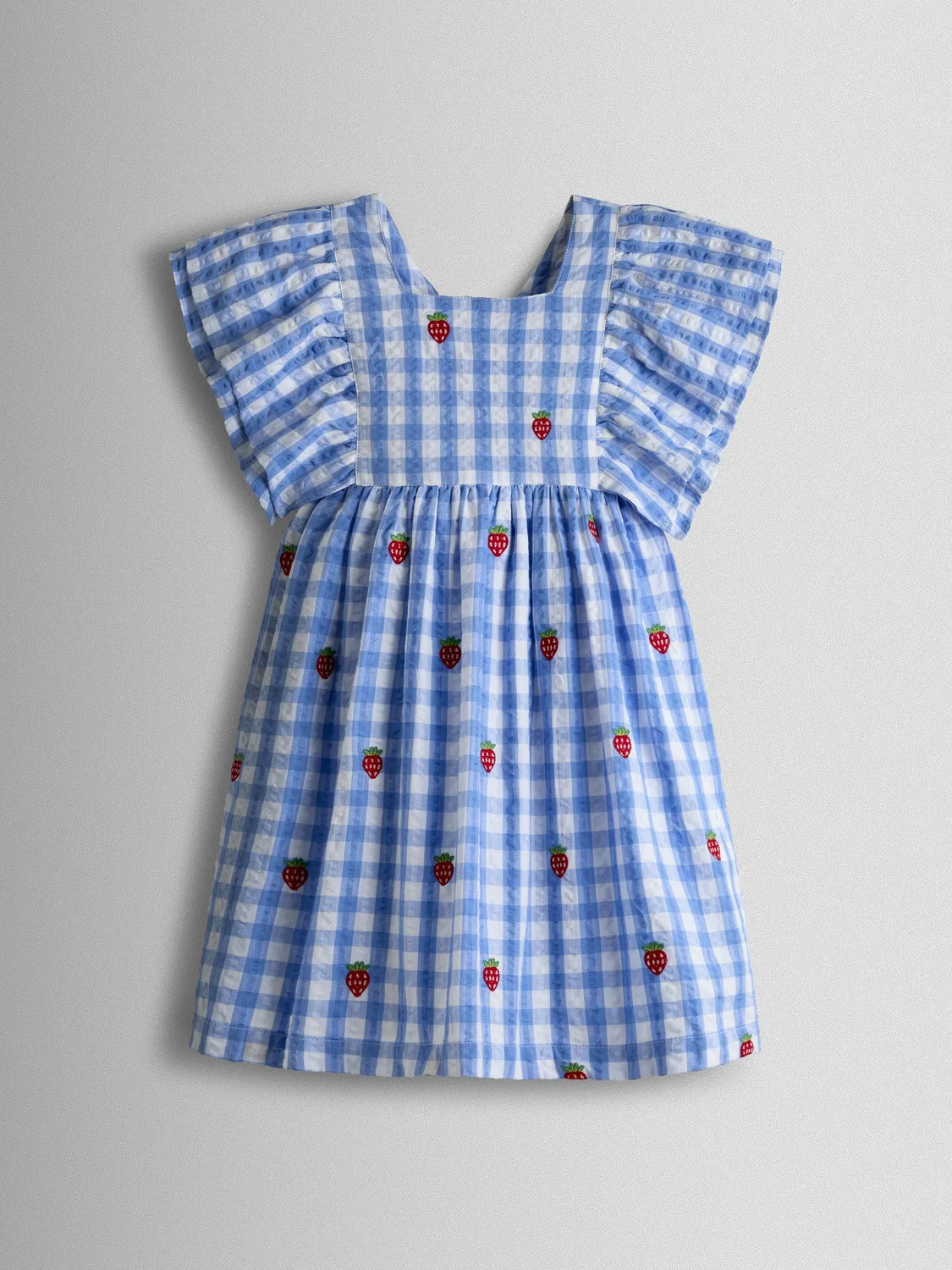 Платье с квадратным вырезом и оборками, Blue Gingham Strawberry Jojo Maman Bébé — фото 2