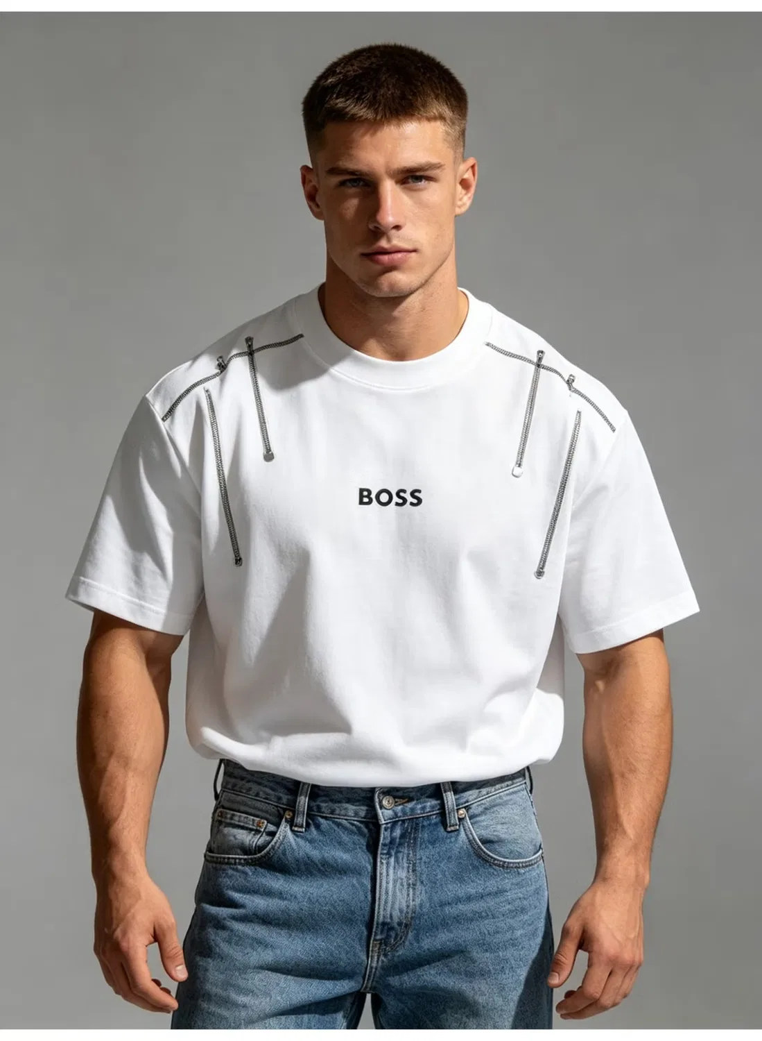 Футболка оверсайз с цепочкой на плече унисекс Boss, белый — фото 3