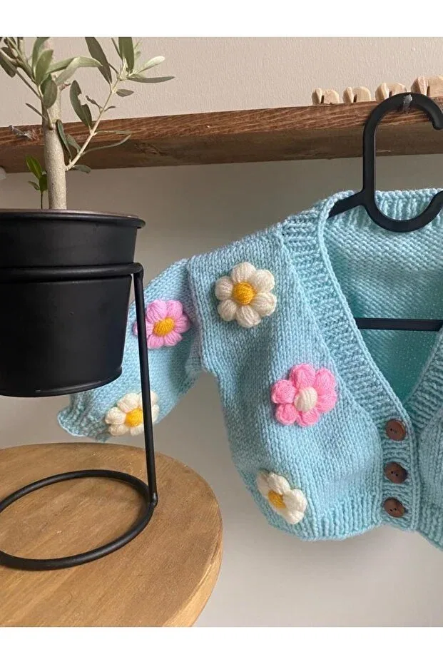 Детский кардиган с принтом Daisy Patterned Crop Hand Knitted Cardigan Tiftikbutik, Glass Core — фото 3