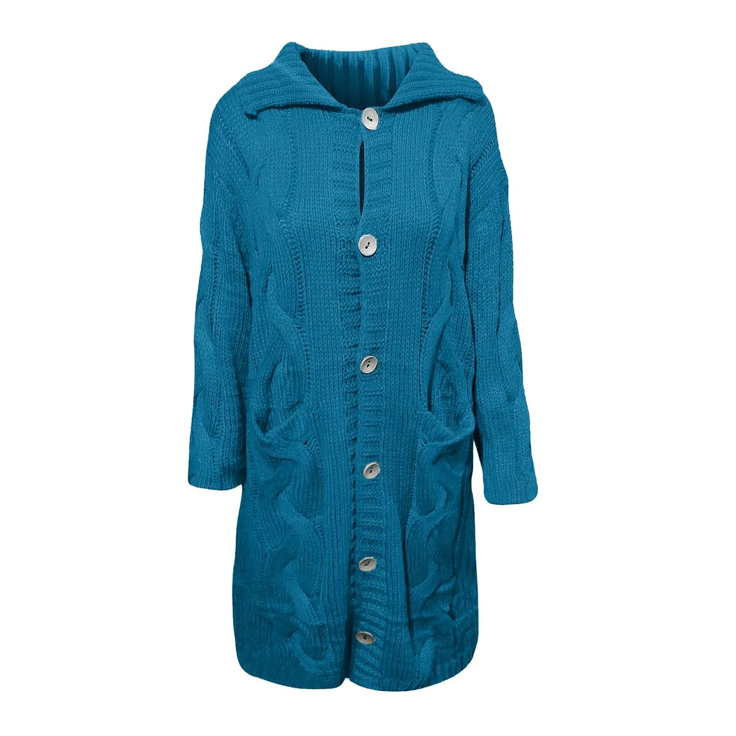 Женский кардиган с пуговицами из объемной вязки, Oversized Long Solid Color Stand Collar Casual Jackets, Blue Sky — фото 2