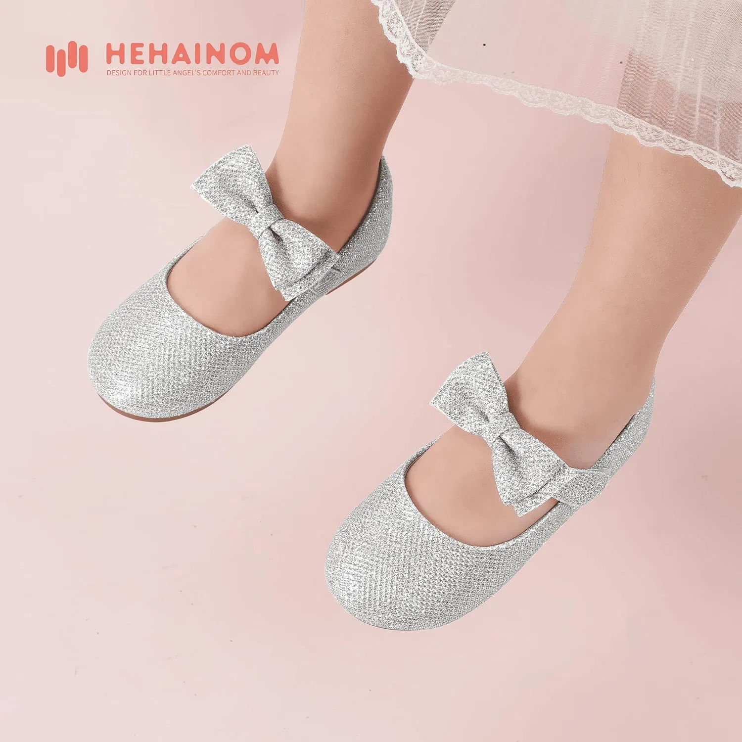 Детские балетки для девочек с цветочным принтом Hehainom, Alisa Silver Glitter — фото 2